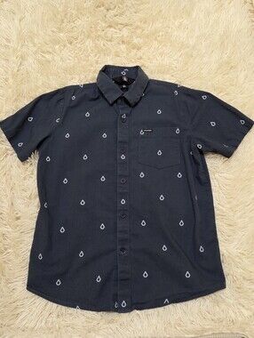 🩷Volcom Boys Navy Short-Sleeve Button-Up Shirt with White Droplet Print Size 8Y